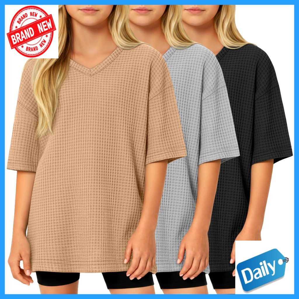 Girls Oversized V-Neck Waffle Knit Tees 3 Pack Lightweight Summer Tops